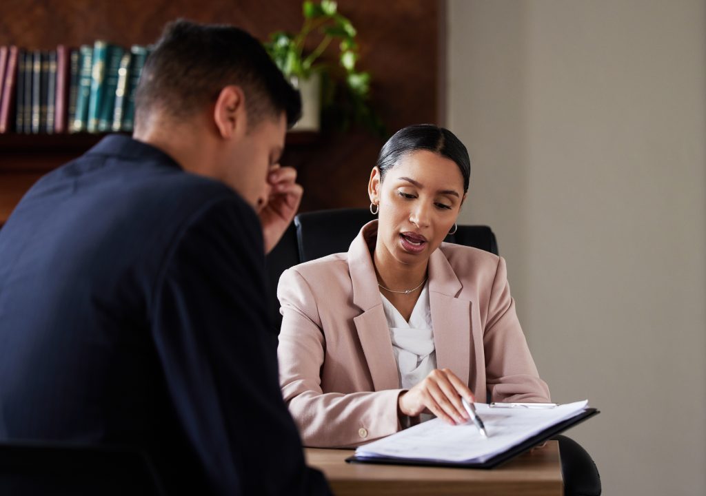 woman giving man legal advice